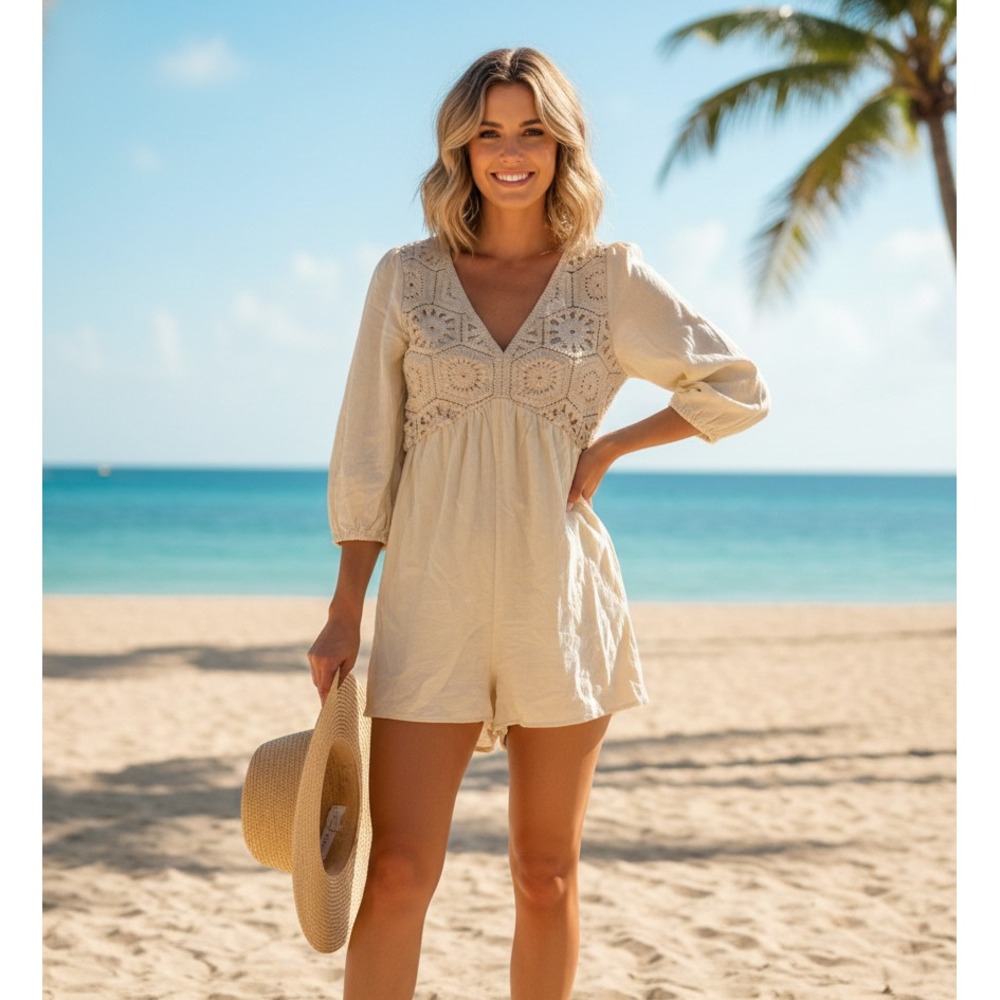 Sunday‎ Up Women's Medium Off-White 3/4-Sleeve V-Neck Crochet Pattern Romper